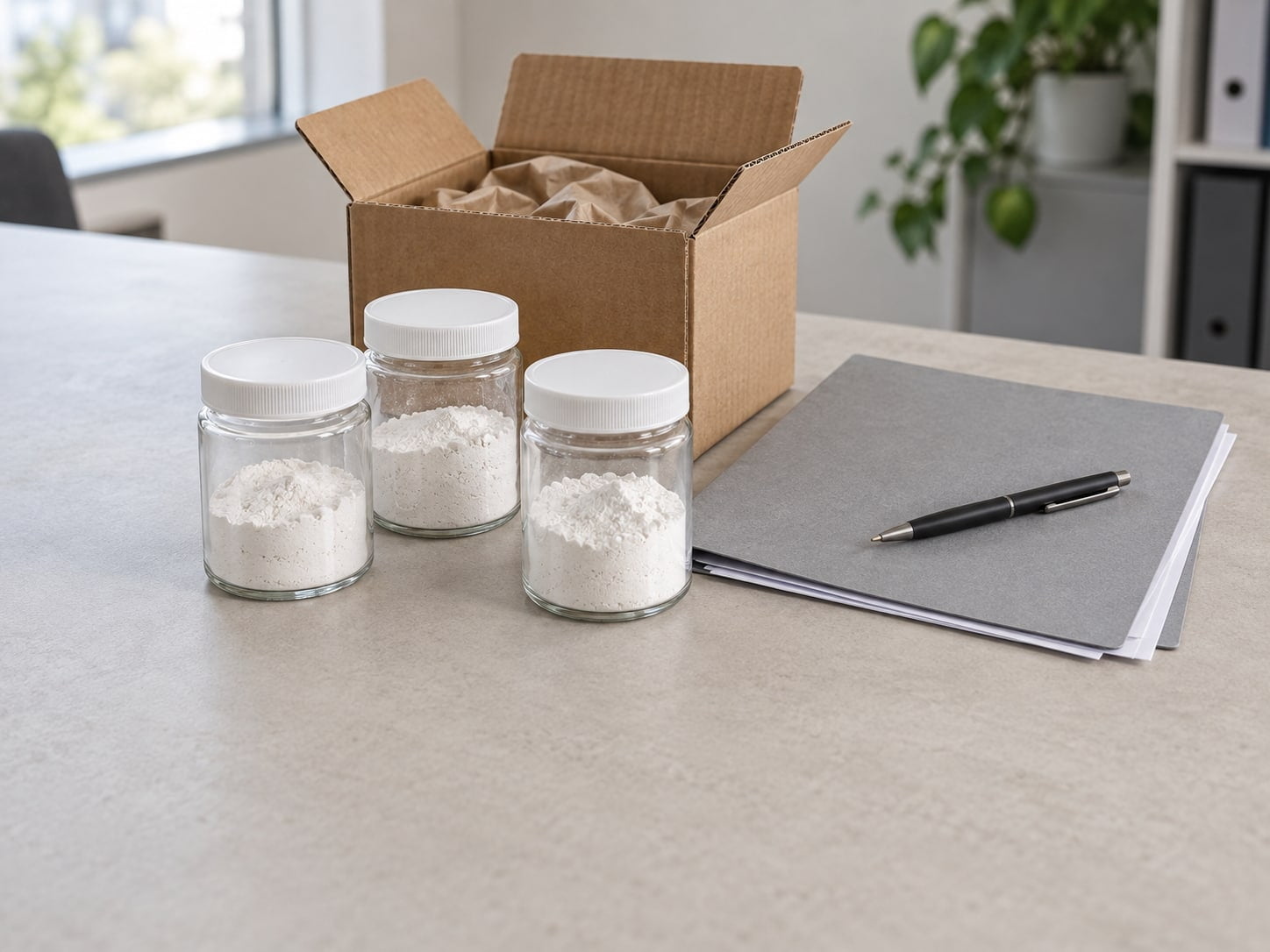 Illustrative image of mineral powder samples, technical paperwork and a sample shipping box