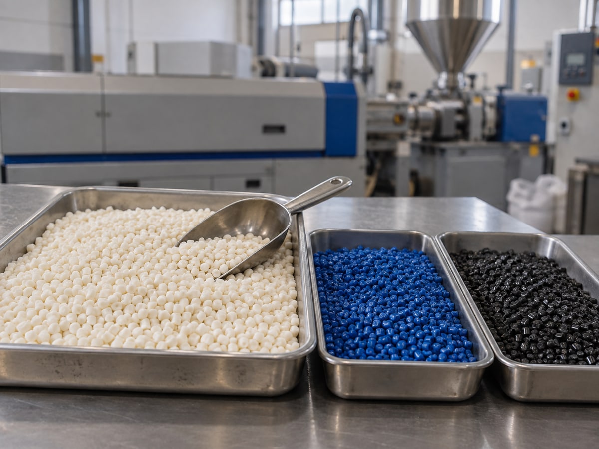 Illustrative image of polymer and masterbatch pellets in sample trays