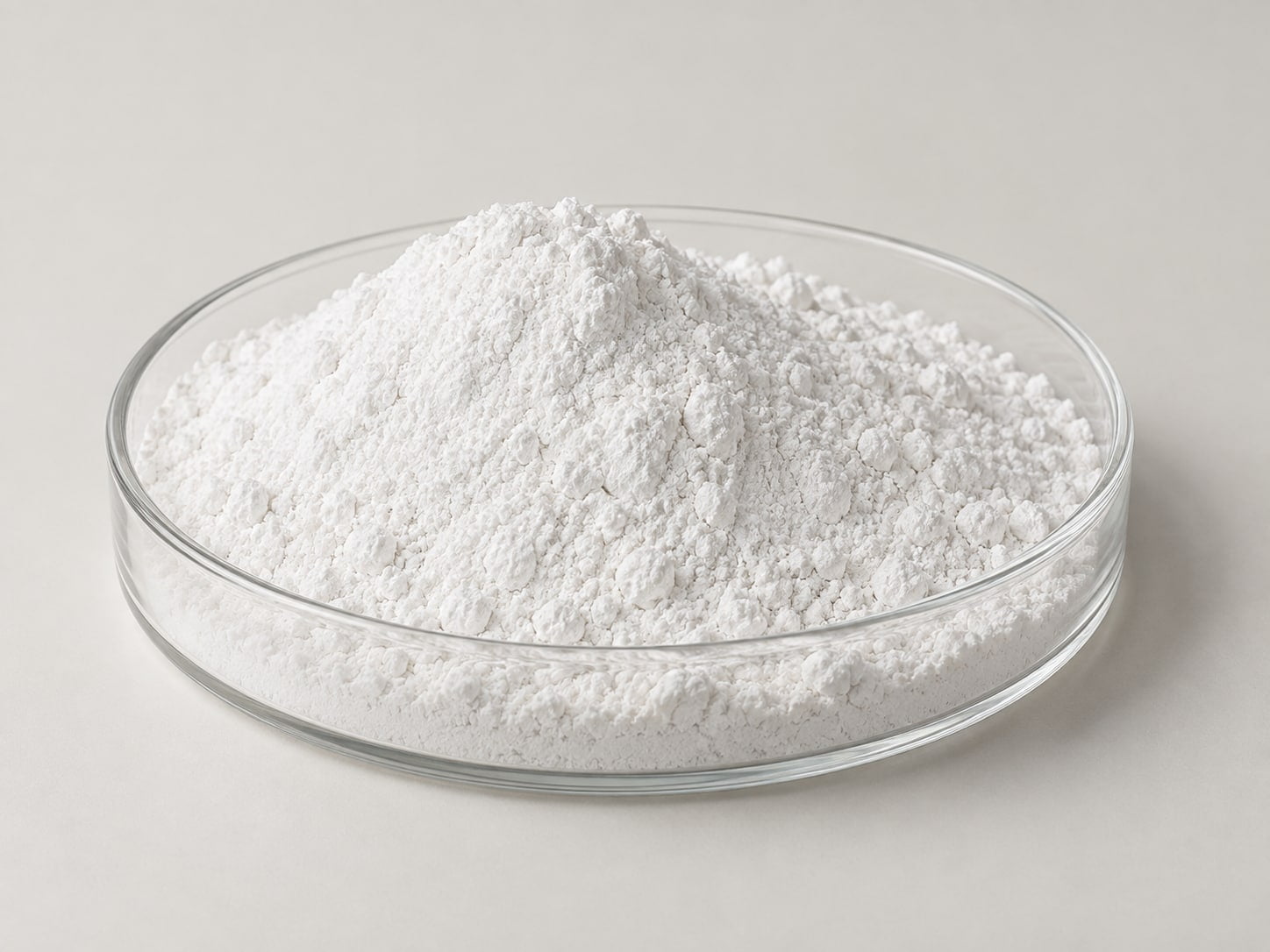 Illustrative image of talc powder in a glass dish